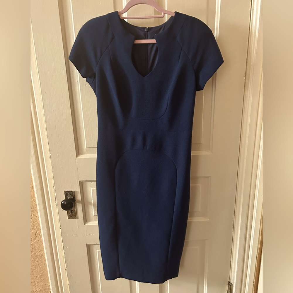 BLACK HALO gypsy rose sheath dress navy panel midi dress great fit 10